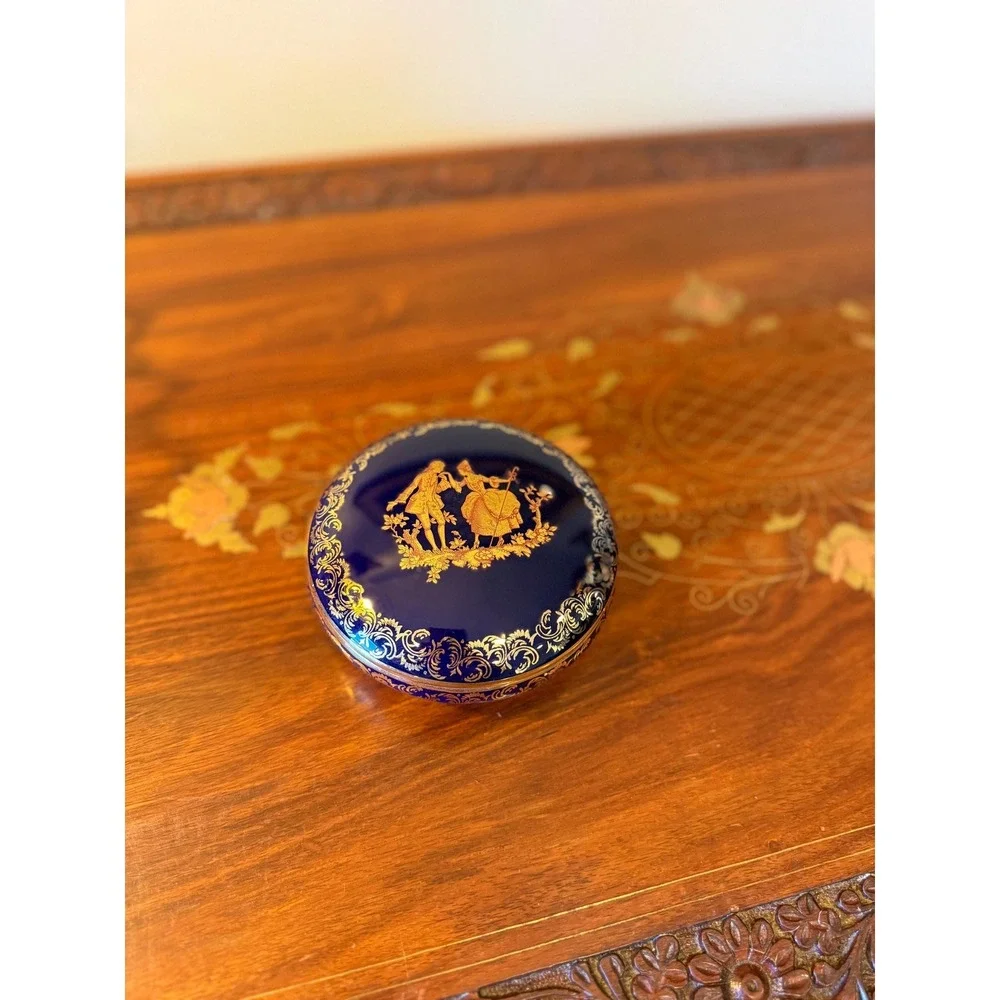 Vintage Limoges Cobalt Blue Gold Trinket Box, French Porcelain 4.5